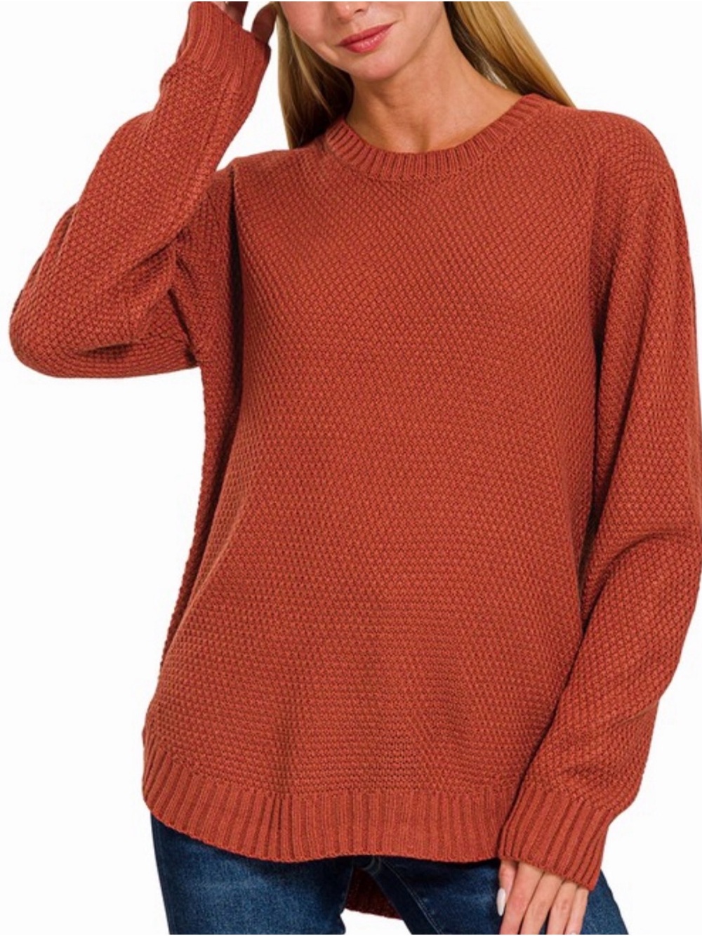 Zenana Outfitters Rust Orange Chunky Crewneck Sweater